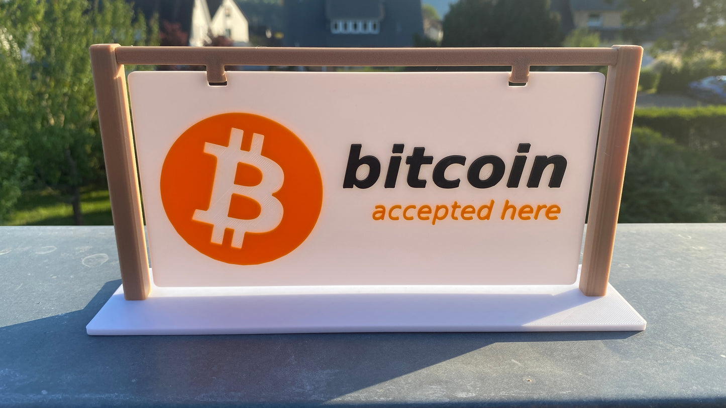 Bitcoin accepted here - 3D-Schild mit Aufsteller