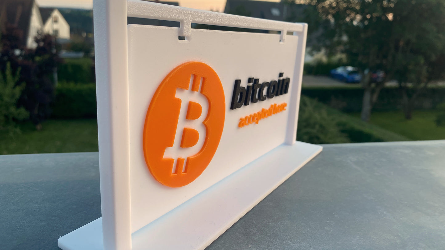 Bitcoin accepted here - 3D-Schild mit Aufsteller